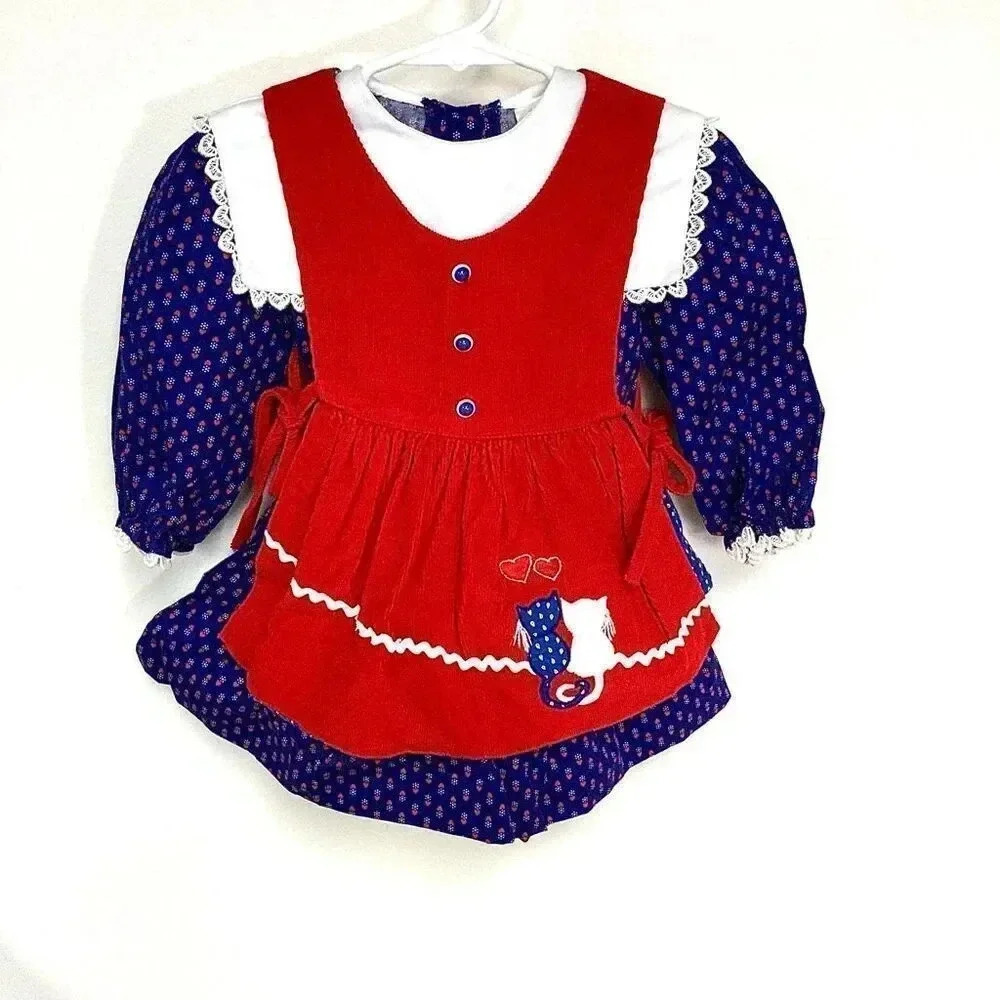Renee Michaels Girls Red & Blue Vintage‎ Overlay Lace Trim Mini Dress 2T